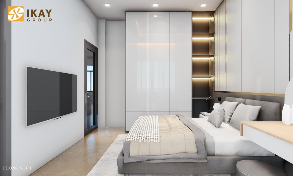 Phòng ngủ của vợ chồng anh Hà toát lên sự hiện đại, nhẹ nhàng với gam màu chủ yếu là trắng, ghi nhạt 