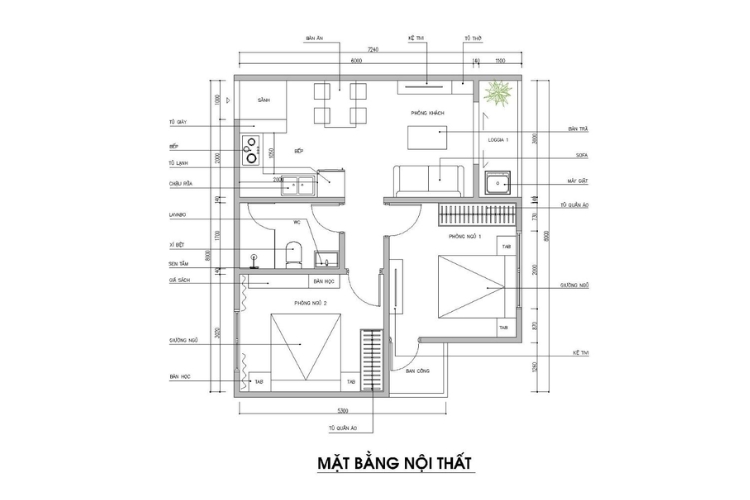 Bản vẽ mặt bằng thể hiện chi tiết về cách bố trí nội thất trong một căn hộ