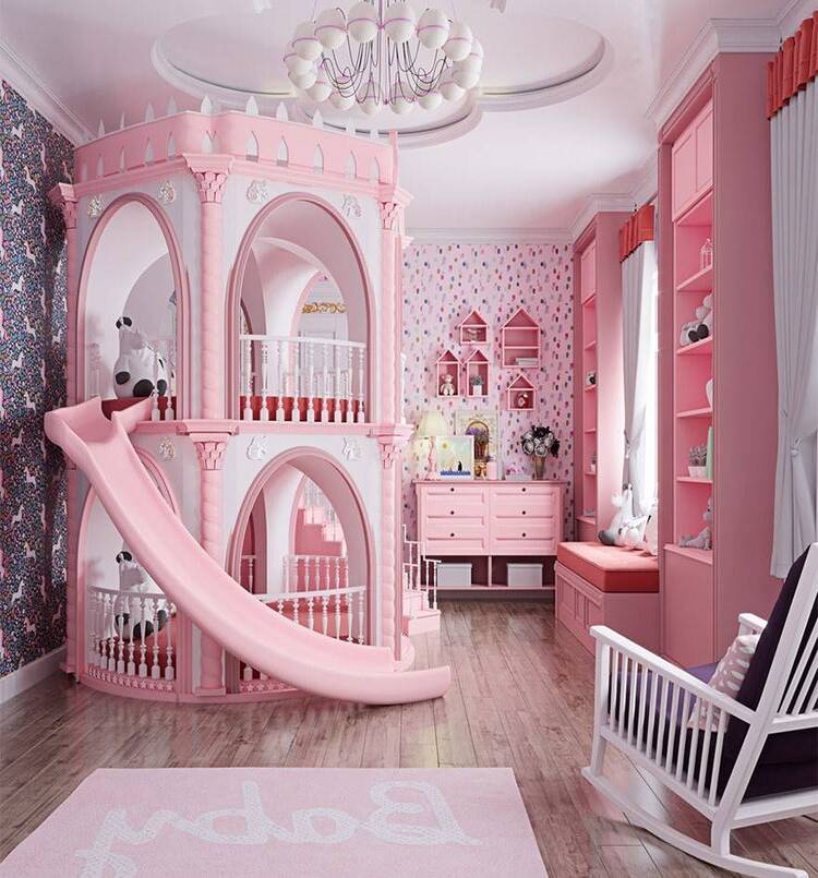  Ấn tượng với mẫu giường tầng lâu đài sơn màu hồng trắng  lộng lẫy