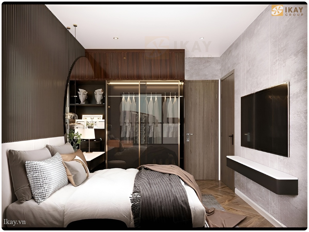 Phòng ngủ nhỏ thiết kế ấm cúng, đồ nội thất tiện nghi với tivi, tủ quần áo thiết kế kính sang trọng