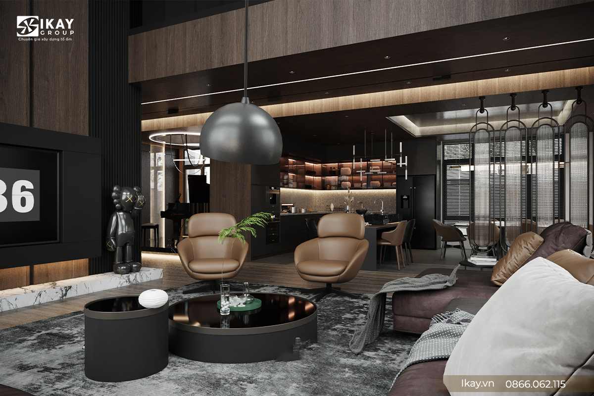 Thiết kế nội thất phòng khách hiện đại, trang trọng và đẳng cấp với gam màu tối